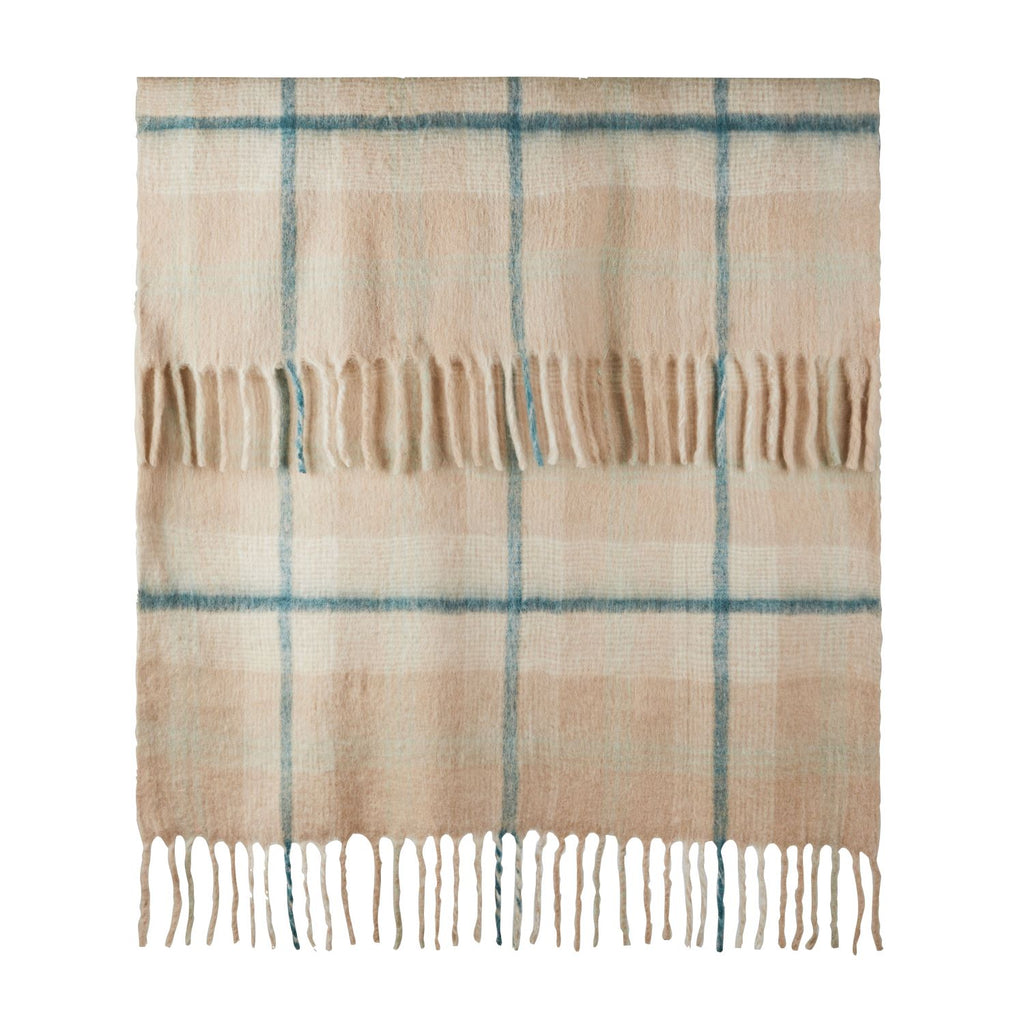 Twig and Feather Braxton check throw rug in nearly peach, ivory and blue by Amalfi