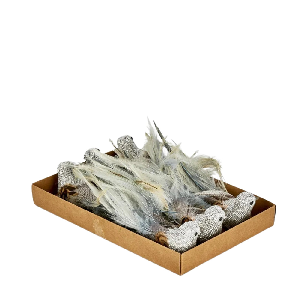 Twig and Feather burle feather bird in silver , grey and brown - set of 6