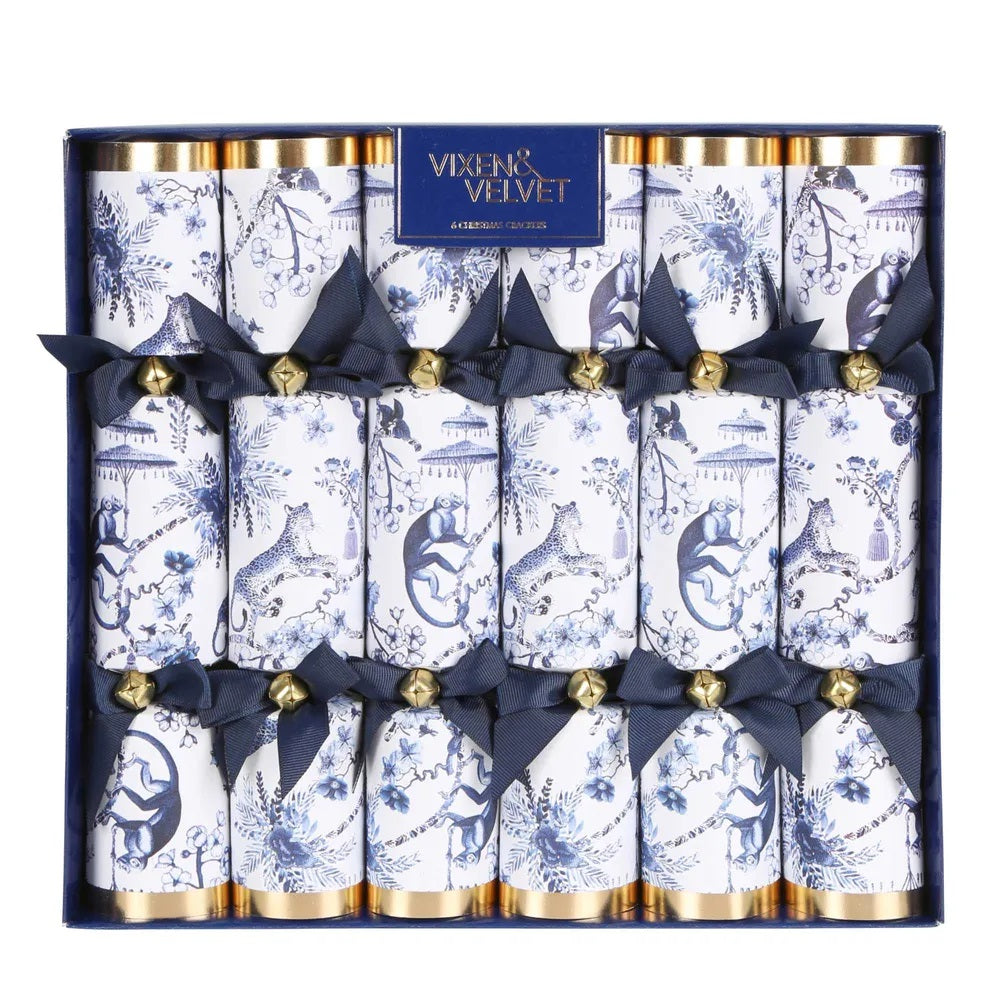 Twig and Feather Chinoiserie Monkey Christmas crackers 6pk blue and white