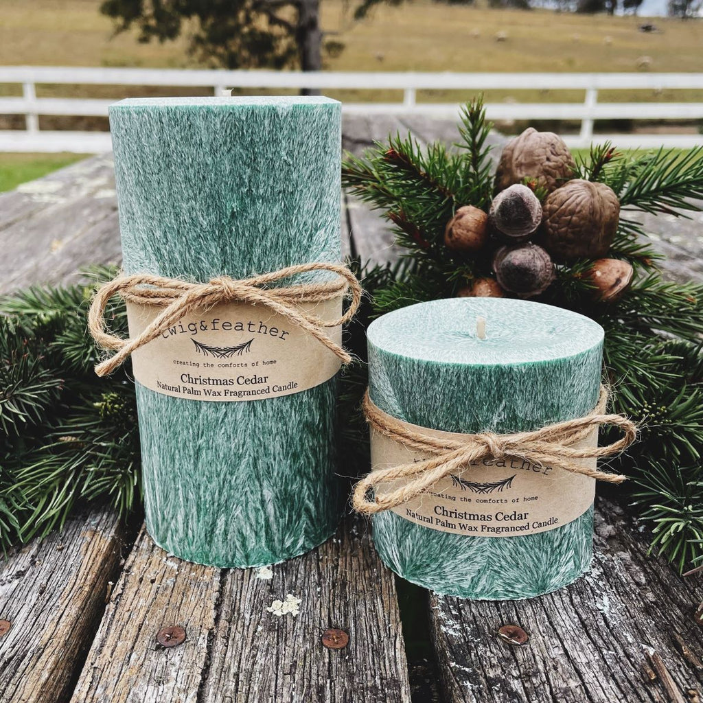 Twig and Feather Christmas Cedar palm wax candle collection