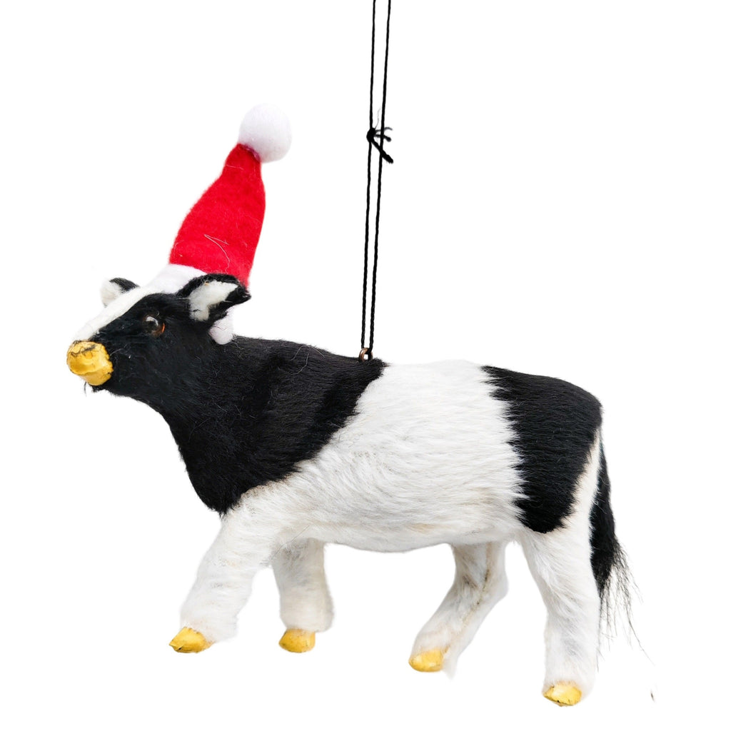 Twig and Feather Christmas decoration cow with santa hat