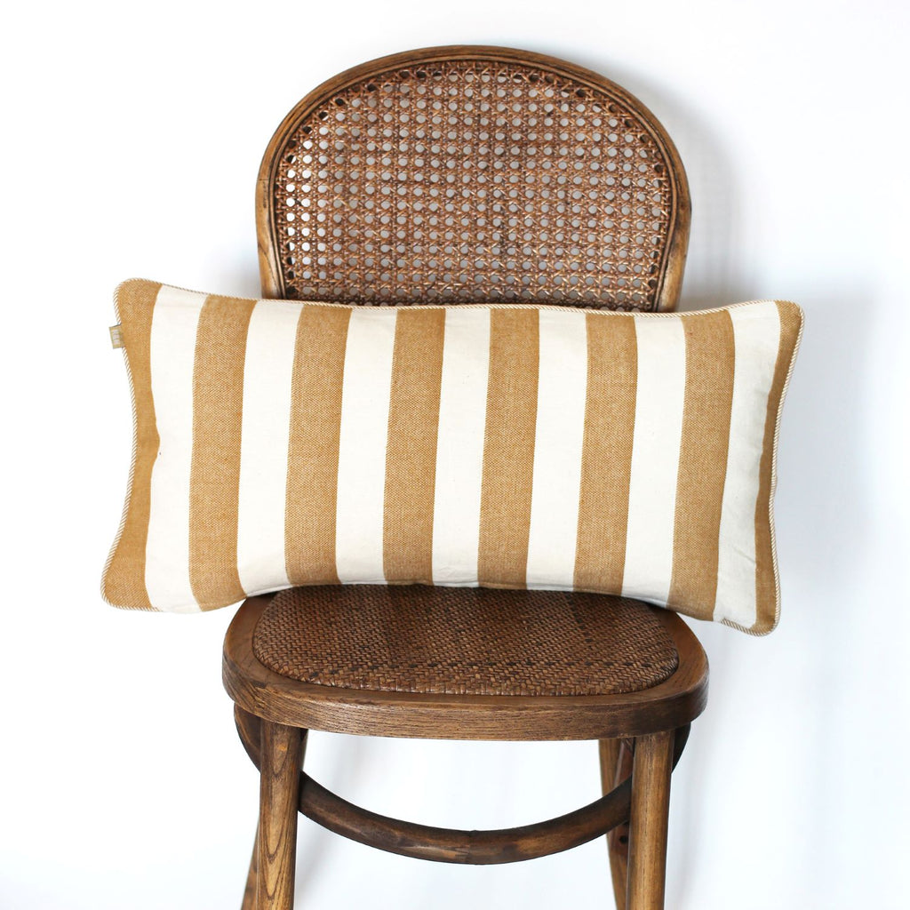 Twig and Feather bold stripe breakfast or lumbar cushion in golden yellow mustard by Raine & Humble