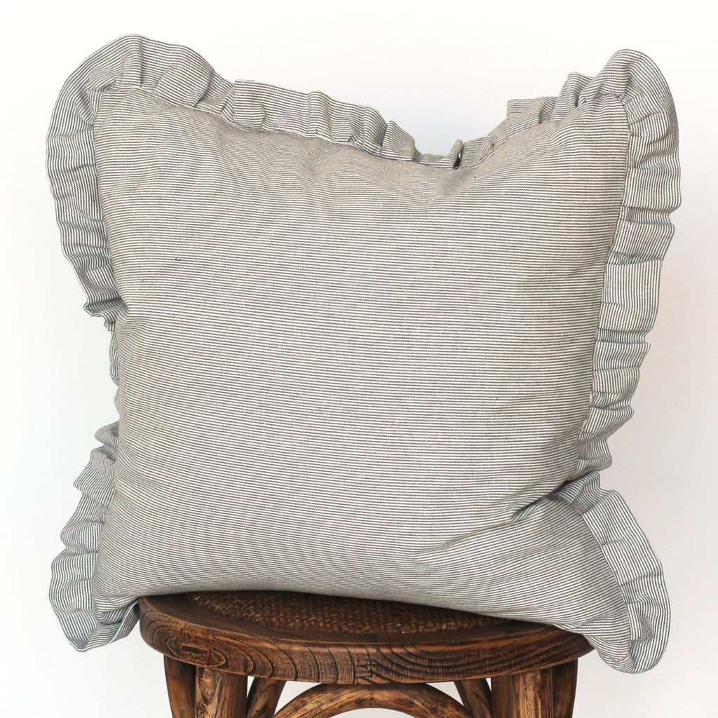 Twig and Feather Cushion- pin stripe charcoal with frill 50cm by Raine and Humble