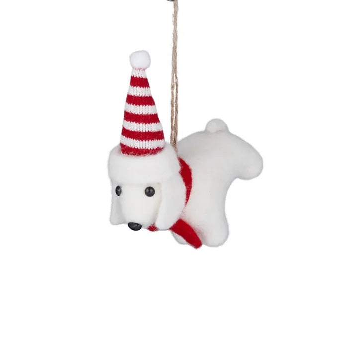 Twig and Feather felt dog with scard and hat - red and white