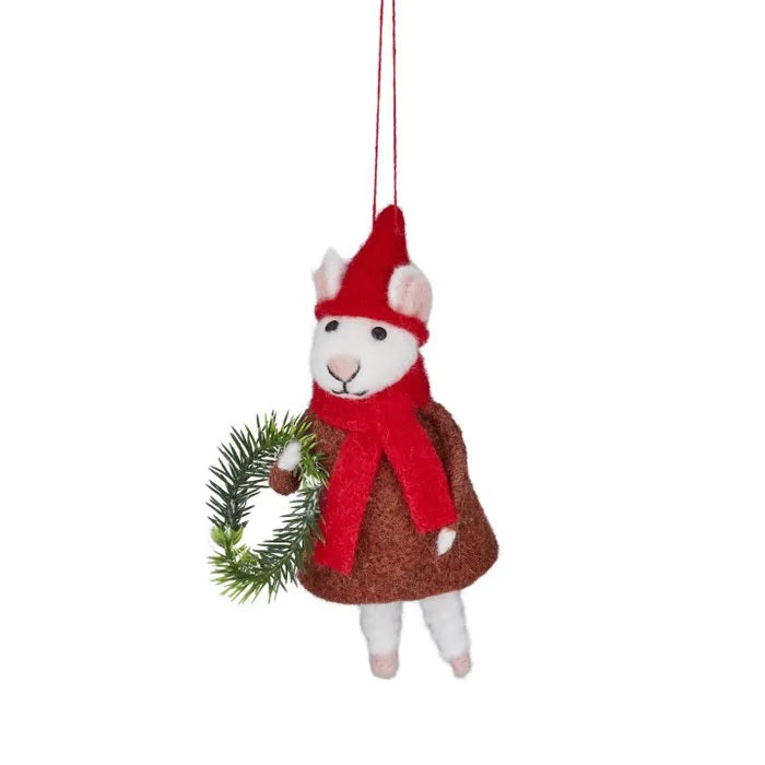 Twig and Feather - Felt mouse hanging decoration with wreath