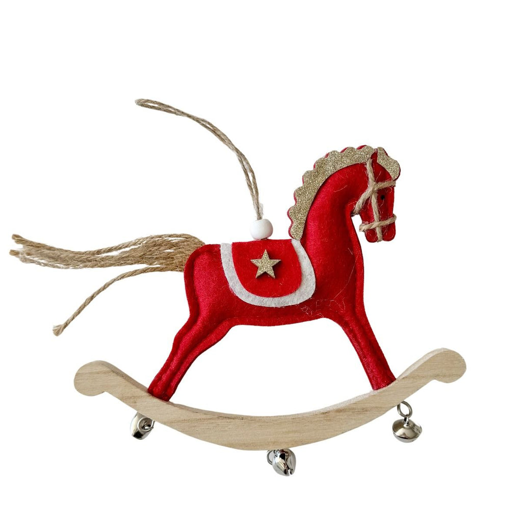 Twig and Feather Red Felt Rocking horse hanging decoration with bells