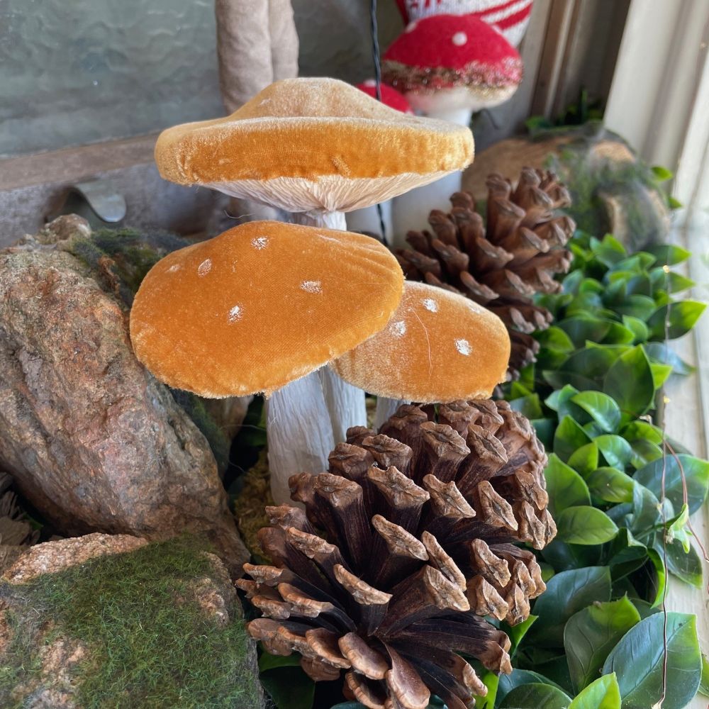 Twig and Feather forest mushrooms standing display made with paper and felt