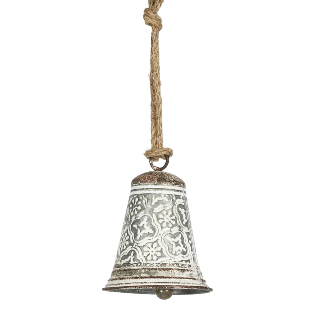 Twig and Feather hanging metal bell decoration whyte