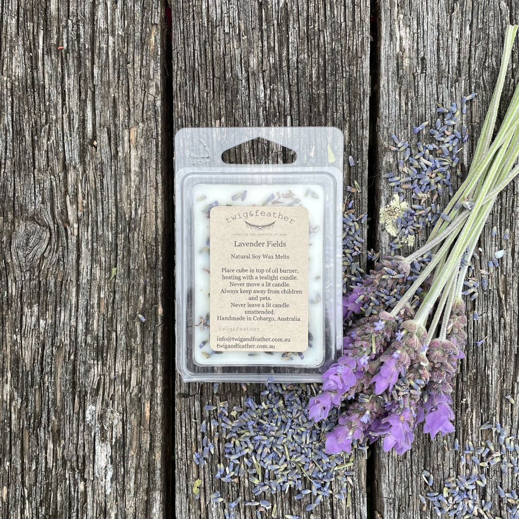 Twig and Feather Soy wax melts Lavender Fields with lavender petals - limited edition and hand made in Cobargo