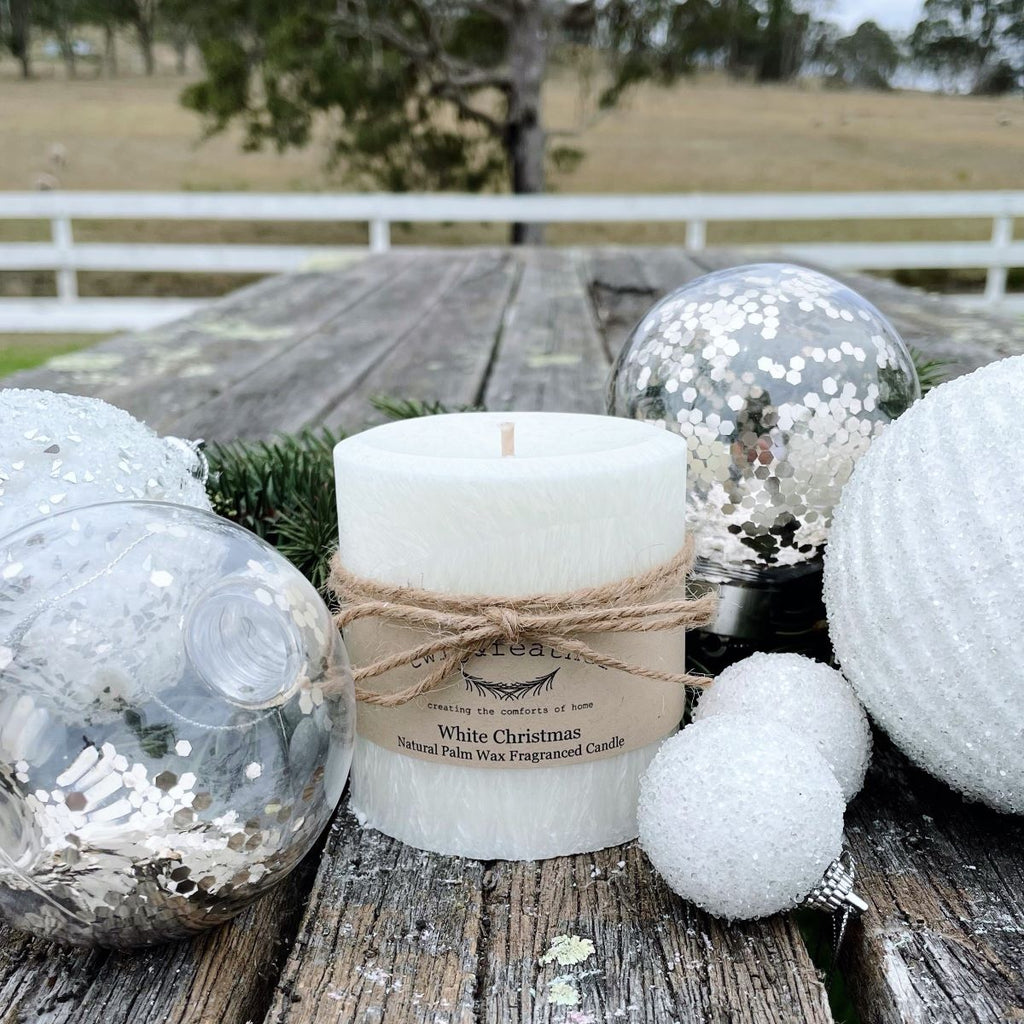 Twig and Feather White Christmas scented palm wax candle 38hours made in Cobargo NSW