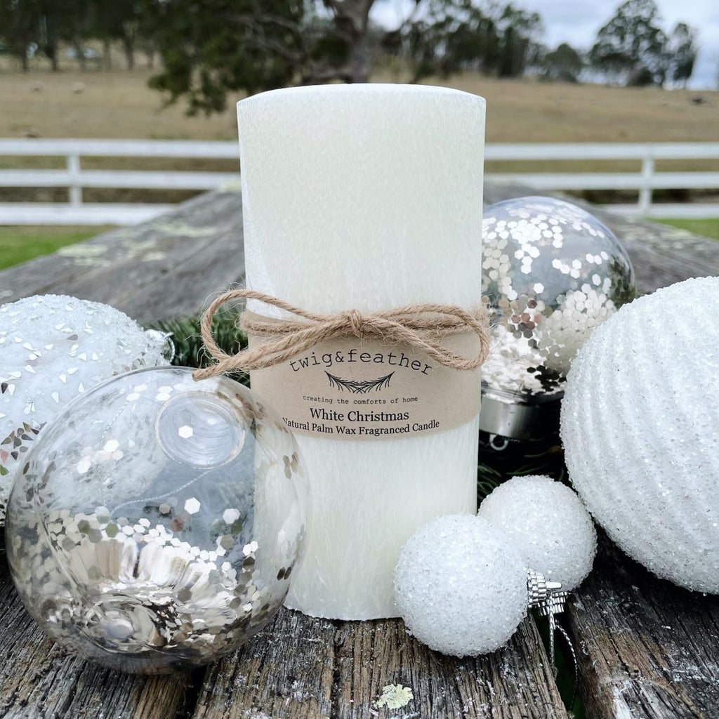 Twig and Feather White Christmas Palm wax candle 80hr made in Cobargo NSW