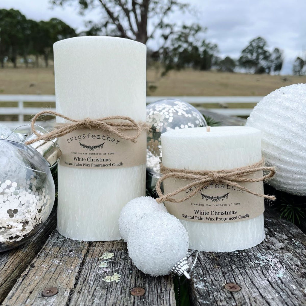 Twig and Feather White Christmas Palm wax candle collection made in Cobargo NSW