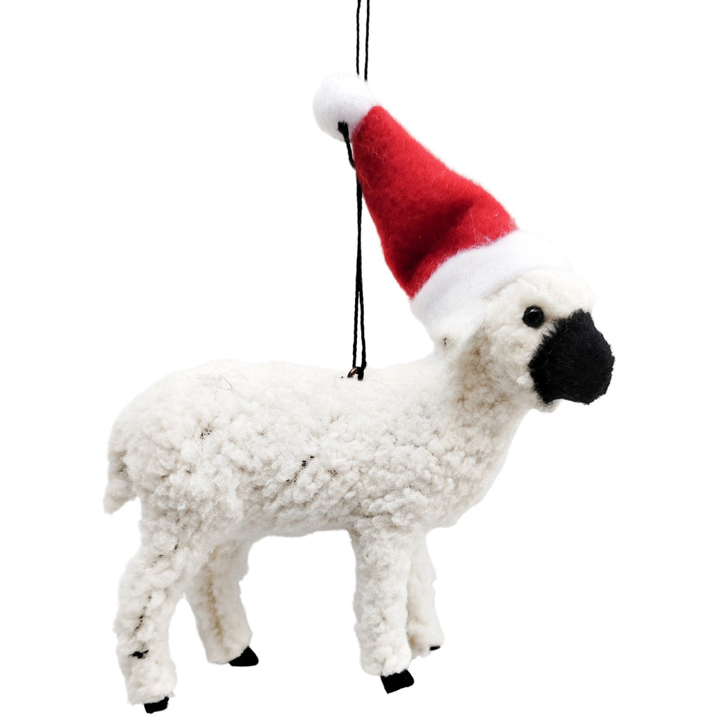 Twig and Feather sheep with Santa hat hanging Christmas decoration