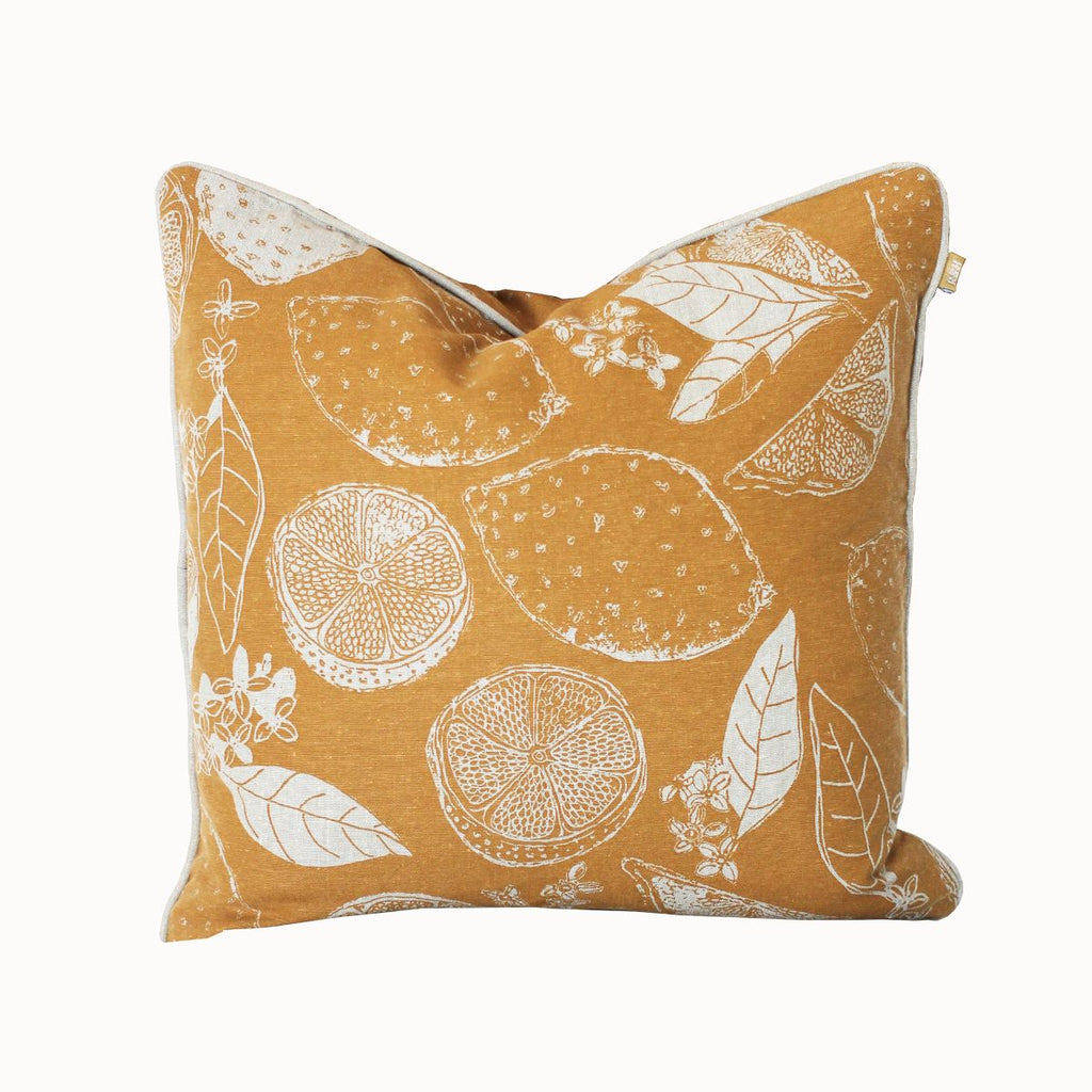 Twig and Feather cushion in lemon marmalade print in golden yellow - by Raine & Humble