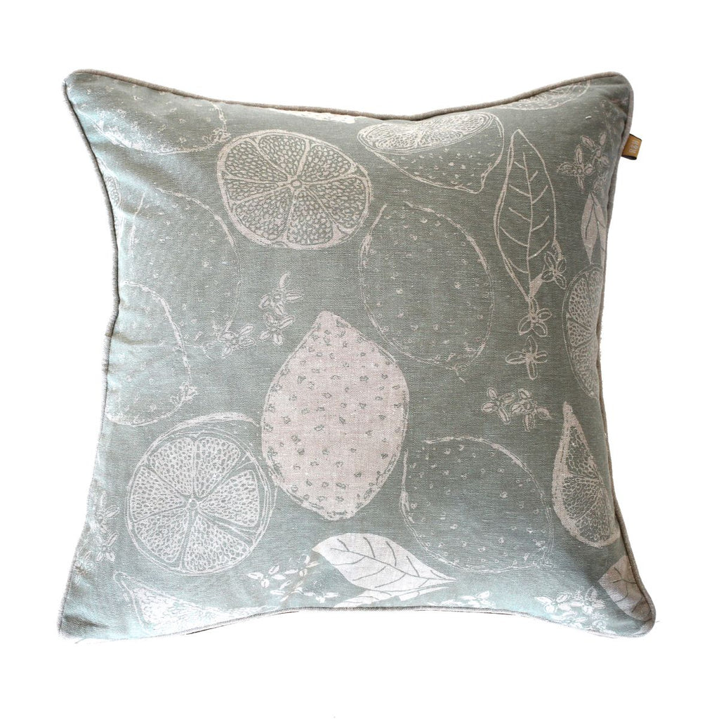 Twig and Feather cushion in lemon marmalade print in sage green - by Raine and Humble