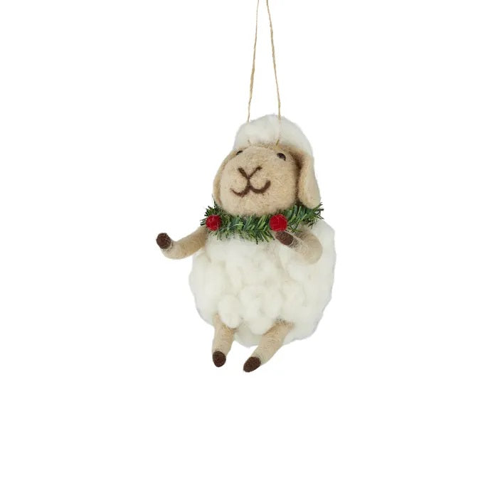 Twig and Feather felt christmas sheep with wreath - hanging decoration