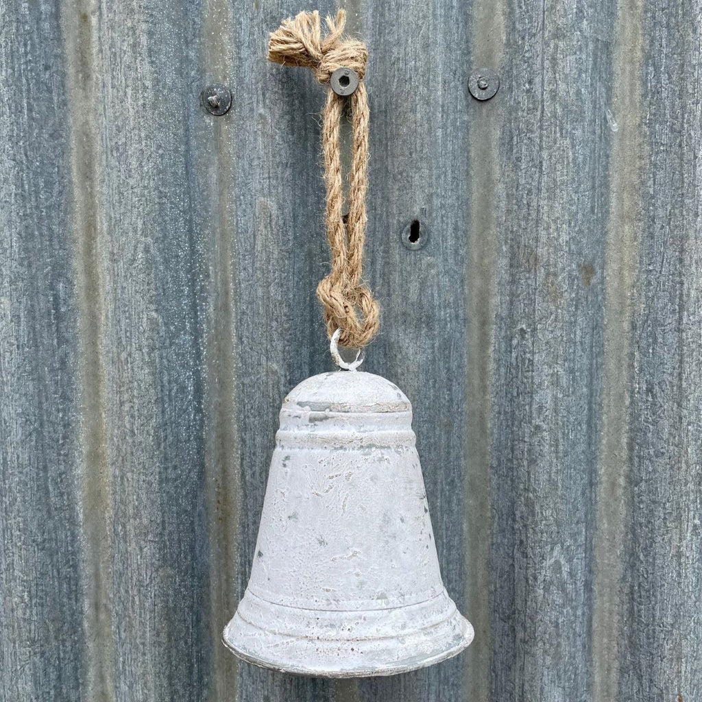 Twig and Feather hanging metal bell frost white