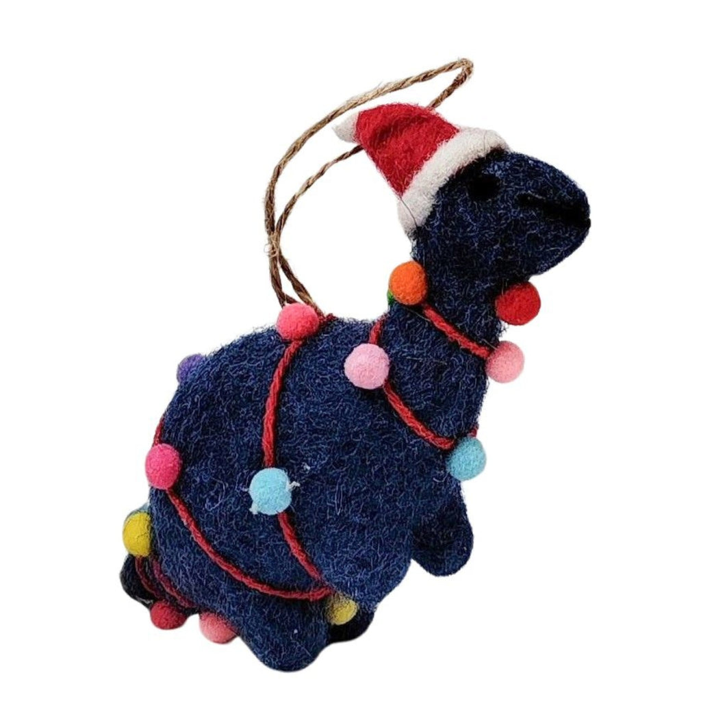 Twig and Feather felt dinosaur decoration wrapped in lights in dark blue