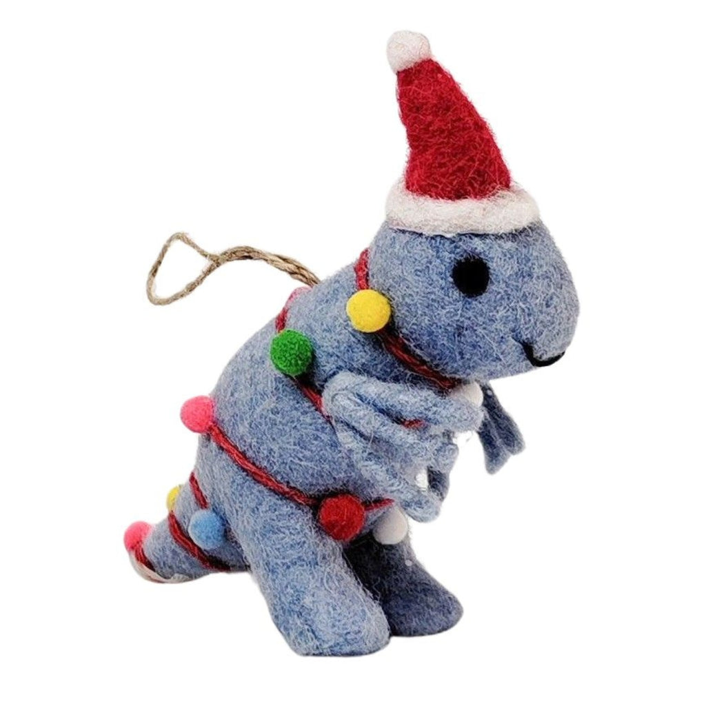 Twig and Feather felt dinosaur wrapped in light in light blue