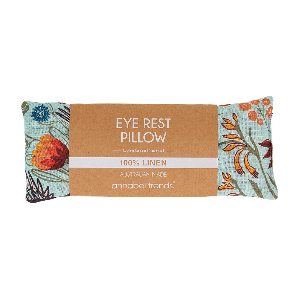 Twig and Feather linen eye rest pillow in magpie floral design by Annabel Trends