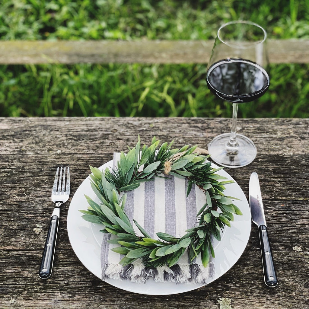 Twig and Feather Grey Gingham Christmas napkins styled