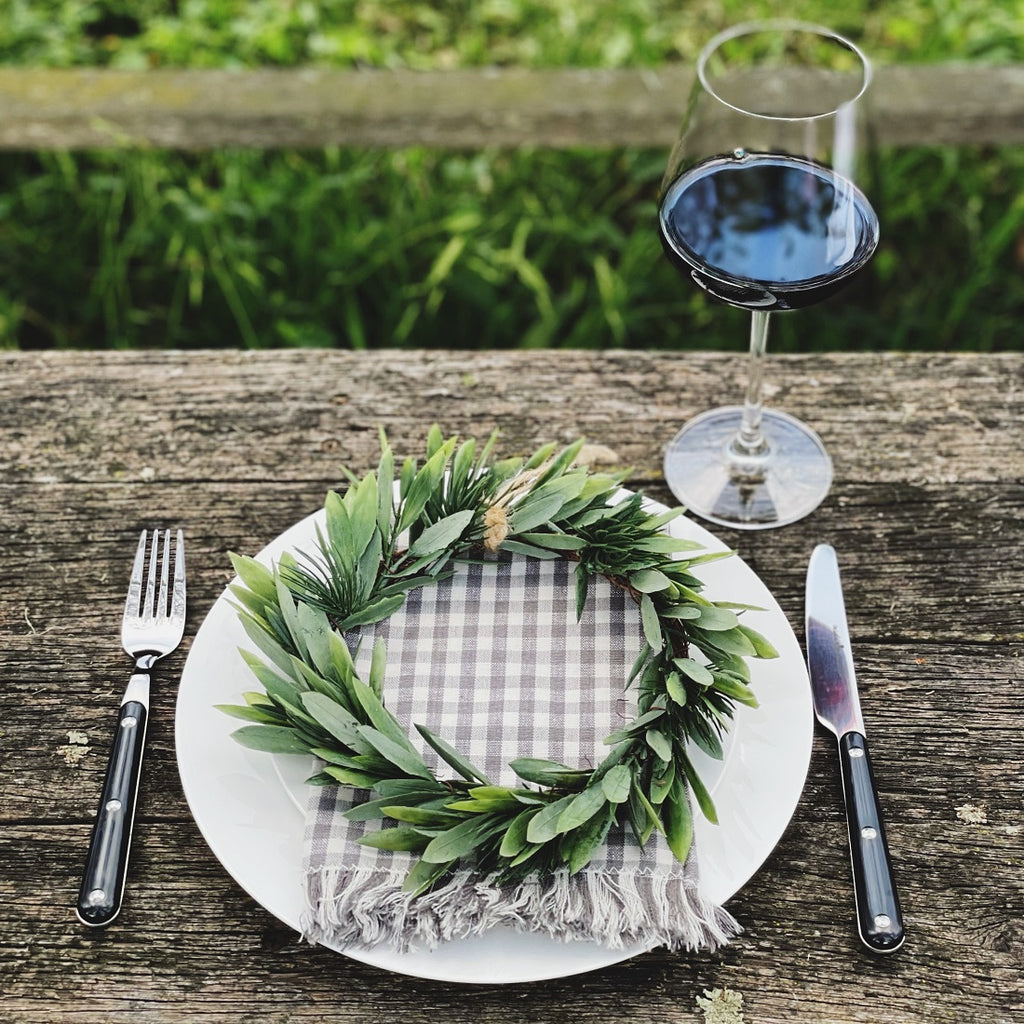 Twig and Feather Grey Gingham Christmas napkins styled
