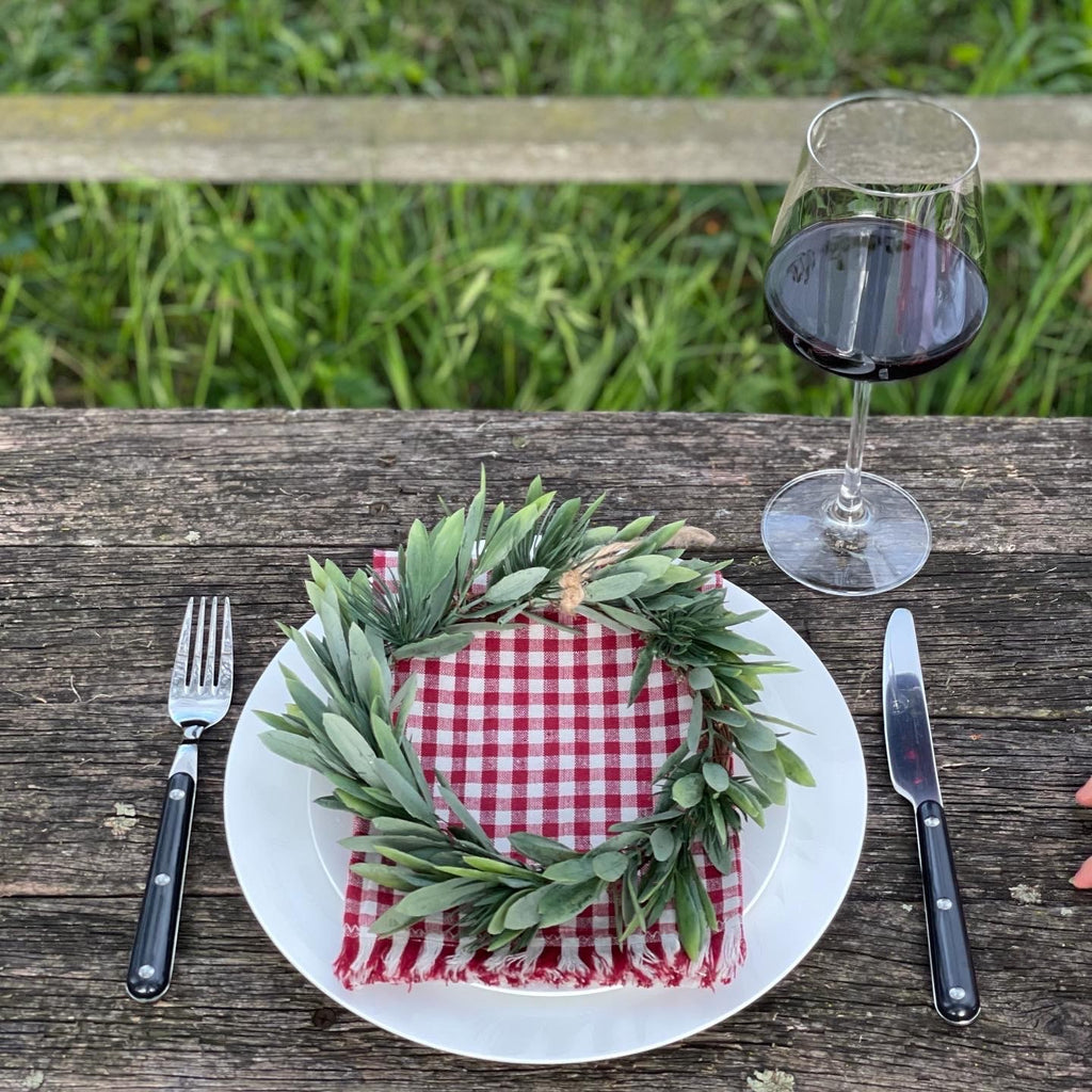 Twig and Feather Red gingham Christmas napkins styled