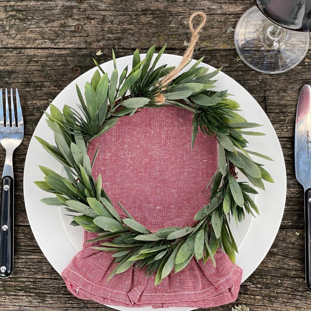 Twig and Feather Red Chambray Christmas napkins styled