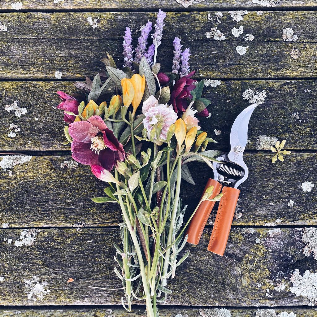 Twig-and-feather-secateurs-leather-handle-outdoors-closed