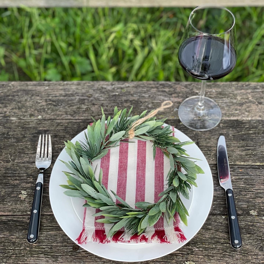 Twig and Feather Red and White Christmas Stripe napkins styled